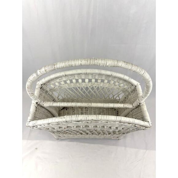 Vintage White Wicker Magazine Basket Holder Wooden 19.5" 1960's Storage Rack - Picture 5 of 16